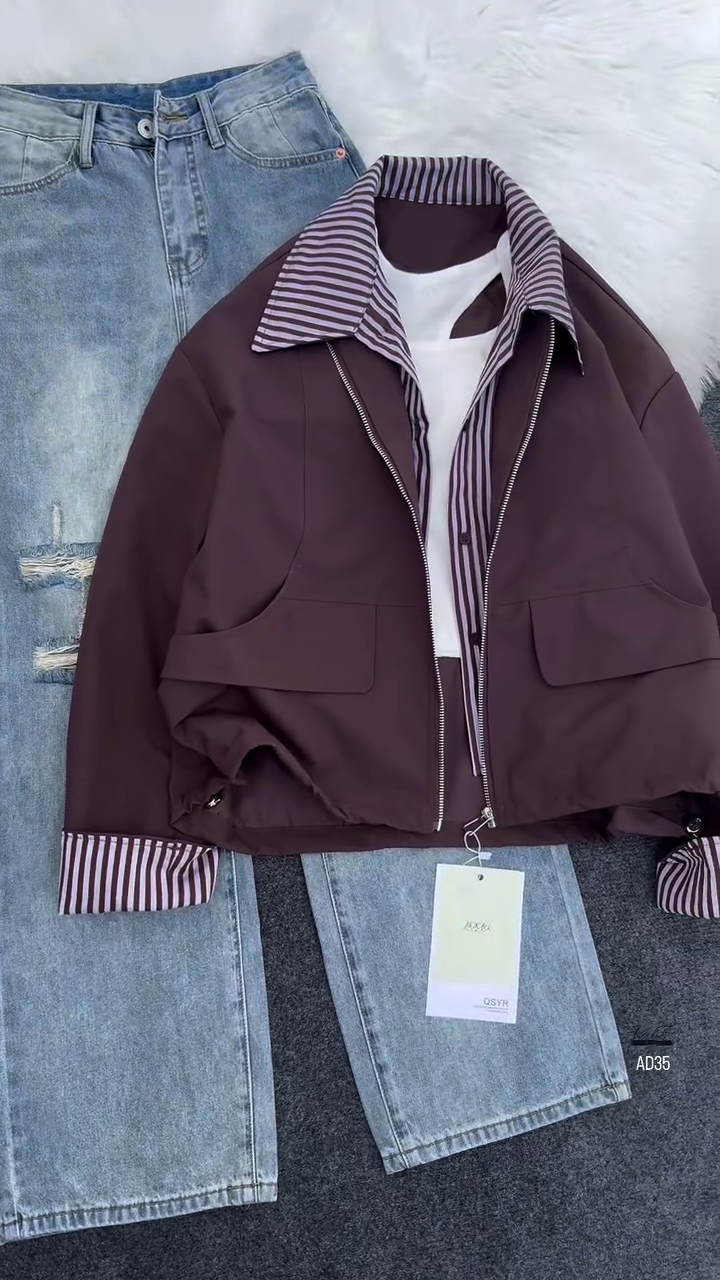 Women’s Casual Zip-Up Jacket with Striped Lining – Navy Blue - Image 5