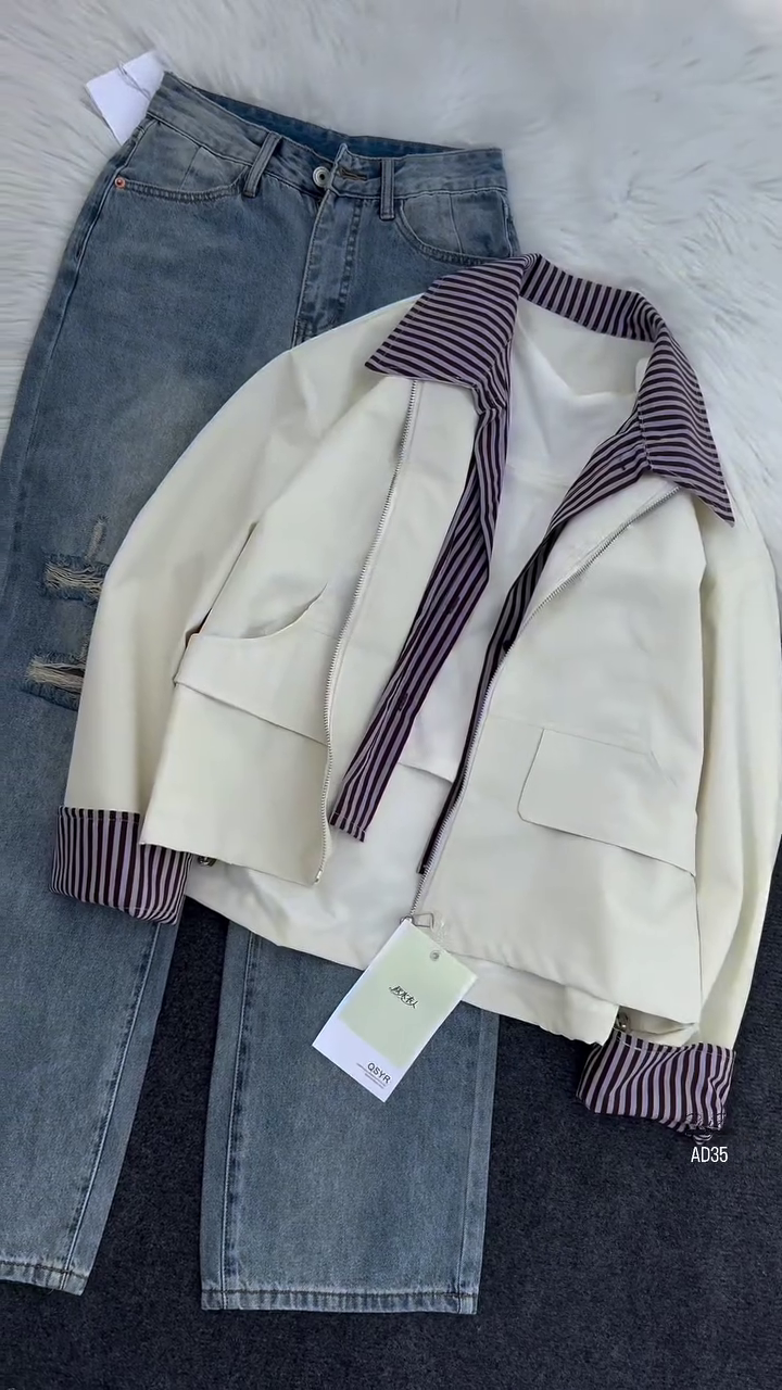 Women’s Casual Zip-Up Jacket with Striped Lining – Navy Blue - Image 7