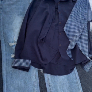 Women’s Button-Down Blouse with Detachable Checkered Scarf