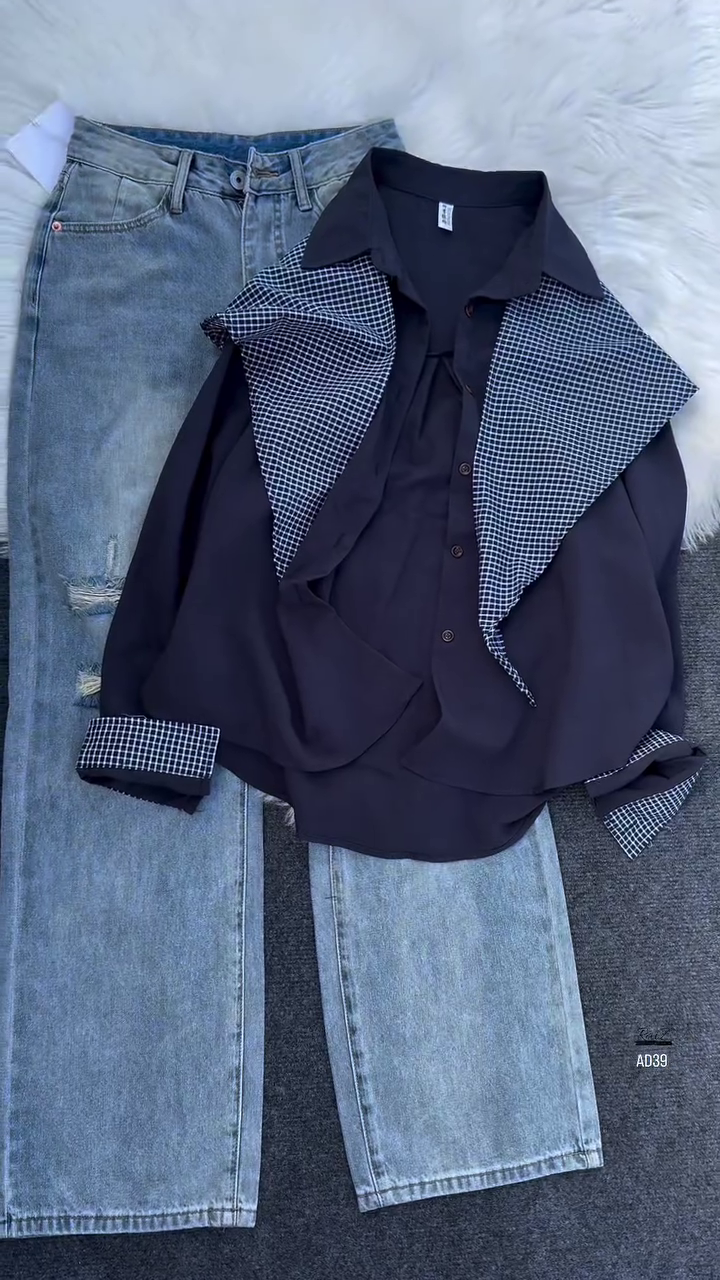 Women’s Button-Down Blouse with Detachable Checkered Scarf - Image 5