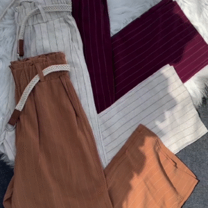 Women’s High-Waist Striped Pants with Braided Belt