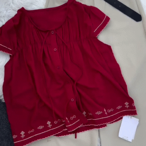 Black Embroidered Blouse & Beige Trouser Set with Belt