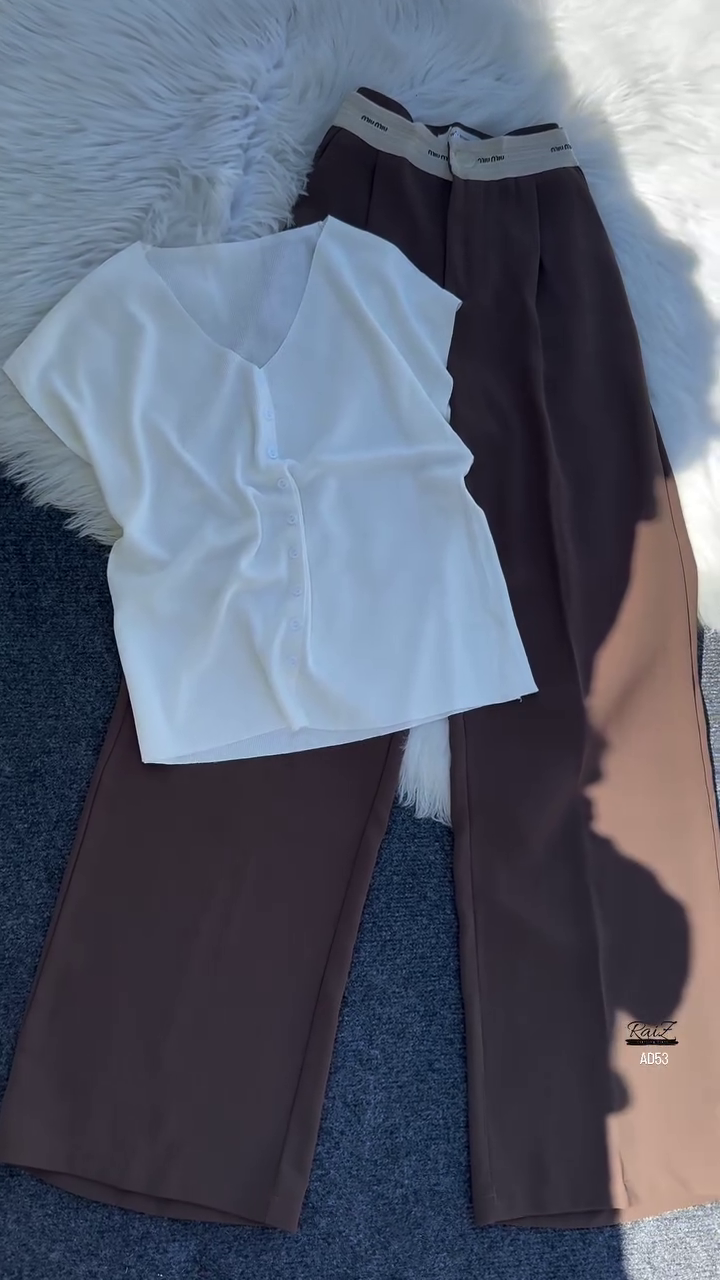 White Button-Down Sleeveless Top & High-Waist Brown Trousers Set