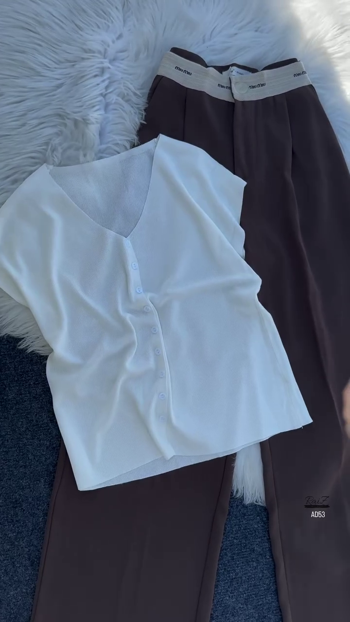 White Button-Down Sleeveless Top & High-Waist Brown Trousers Set - Image 2