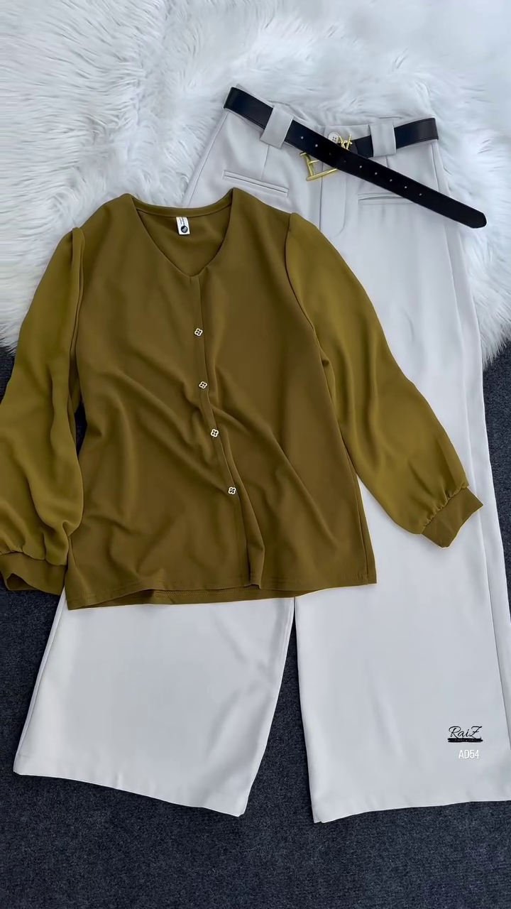 Olive Green Button-Down Blouse & Cream Wide-Leg Trousers Set - Image 2