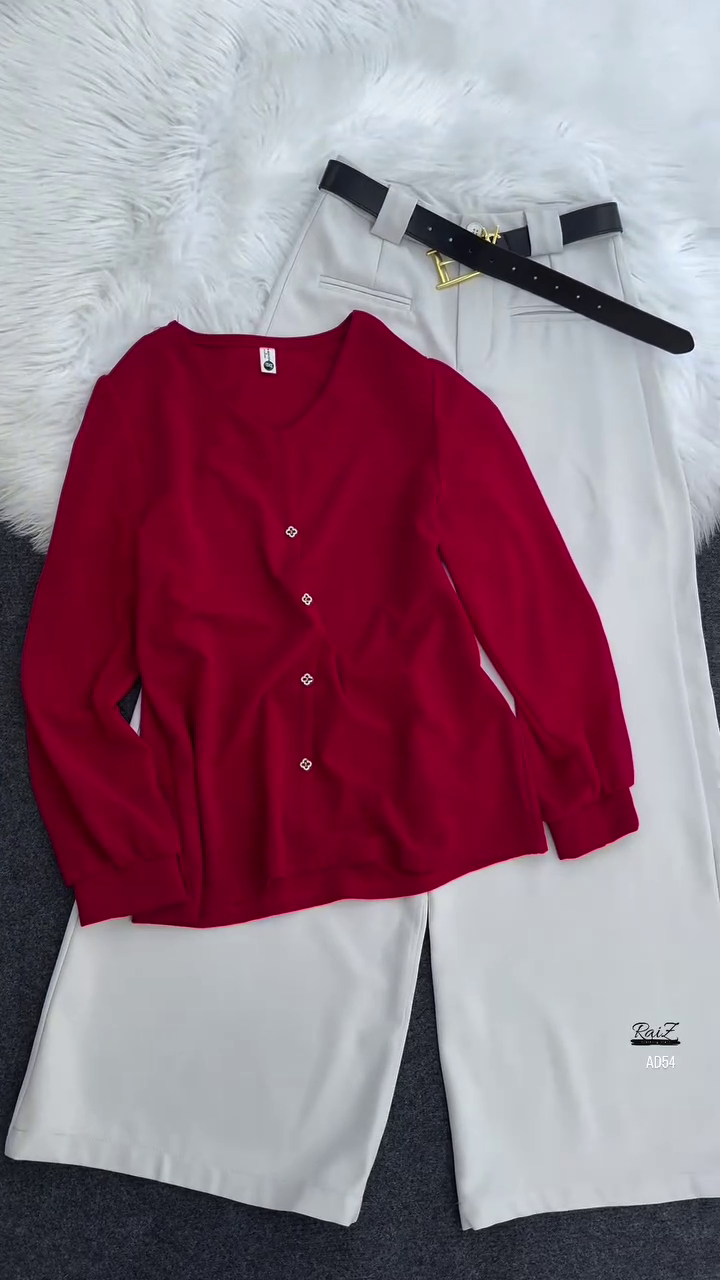 Olive Green Button-Down Blouse & Cream Wide-Leg Trousers Set - Image 3