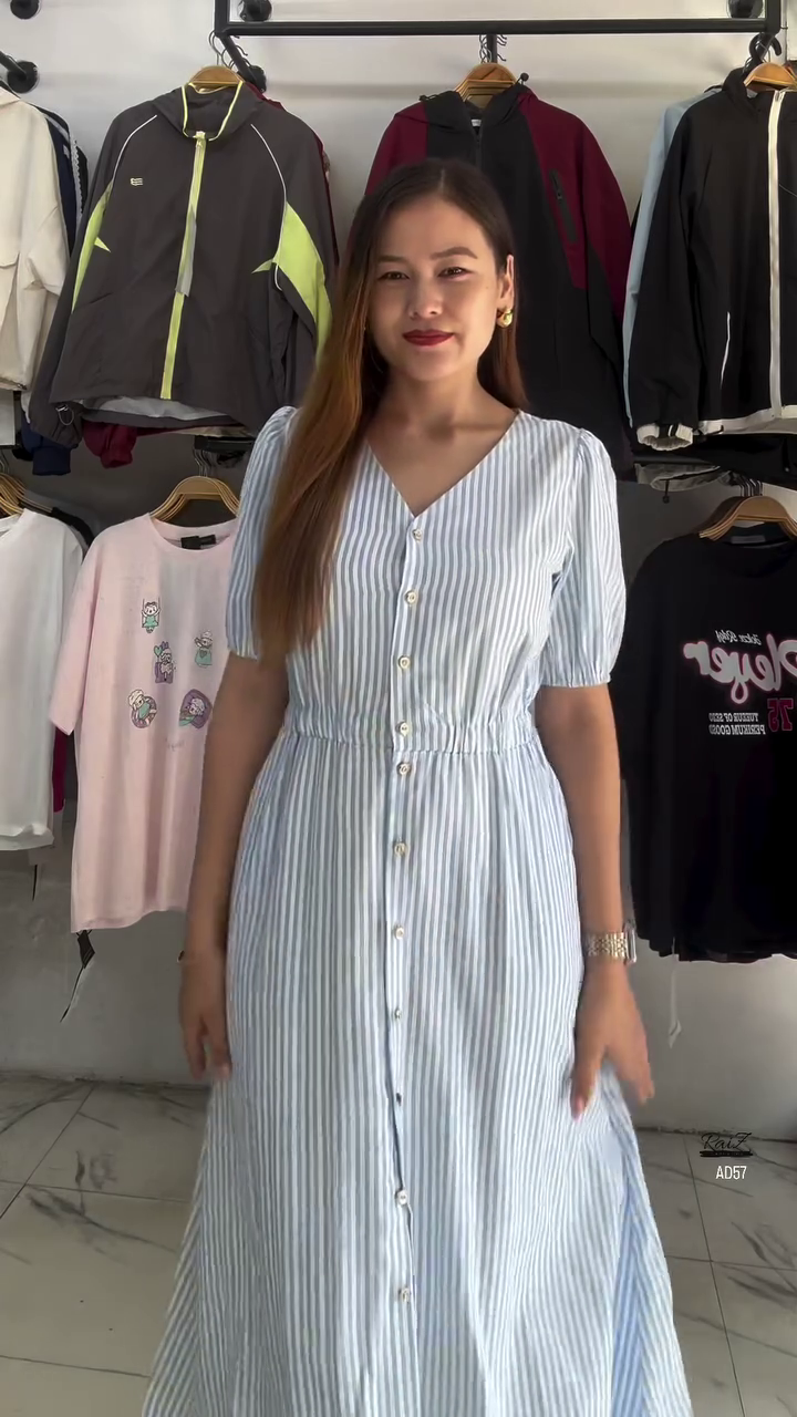 White & Blue Striped Button-Down Midi Dress - Image 2