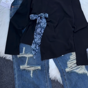 Casual Long Sleeve Top & Denim Jeans Outfit Set