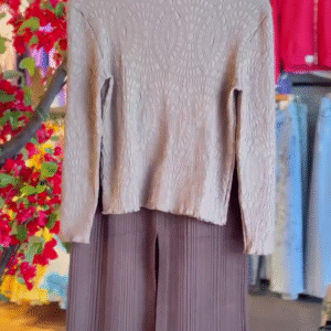 Sandstone Embossed Top & Taupe Pleated Culottes