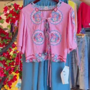 Rosette Tie-Front Top & Indigo Panel Skirt