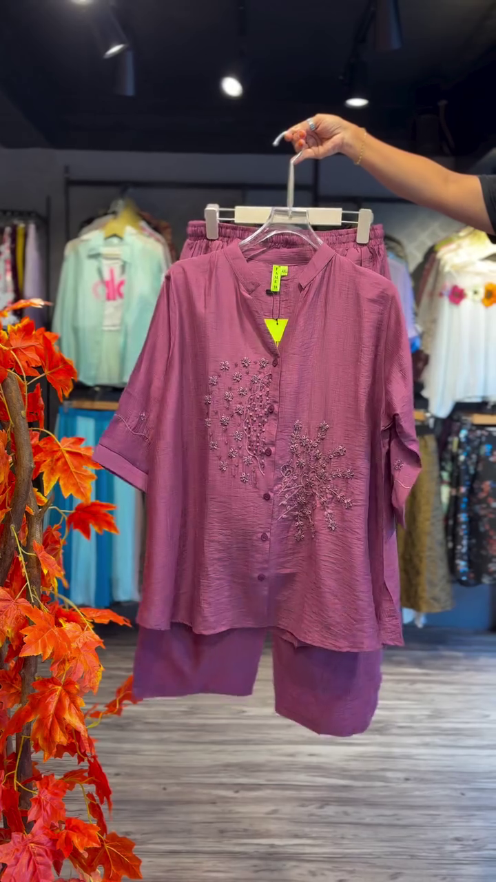 Embroidered Mauve Co-ord with V-Neck Detai