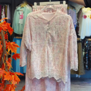 Rose Dust Embroidered Co-ord with Scalloped Lace Trim