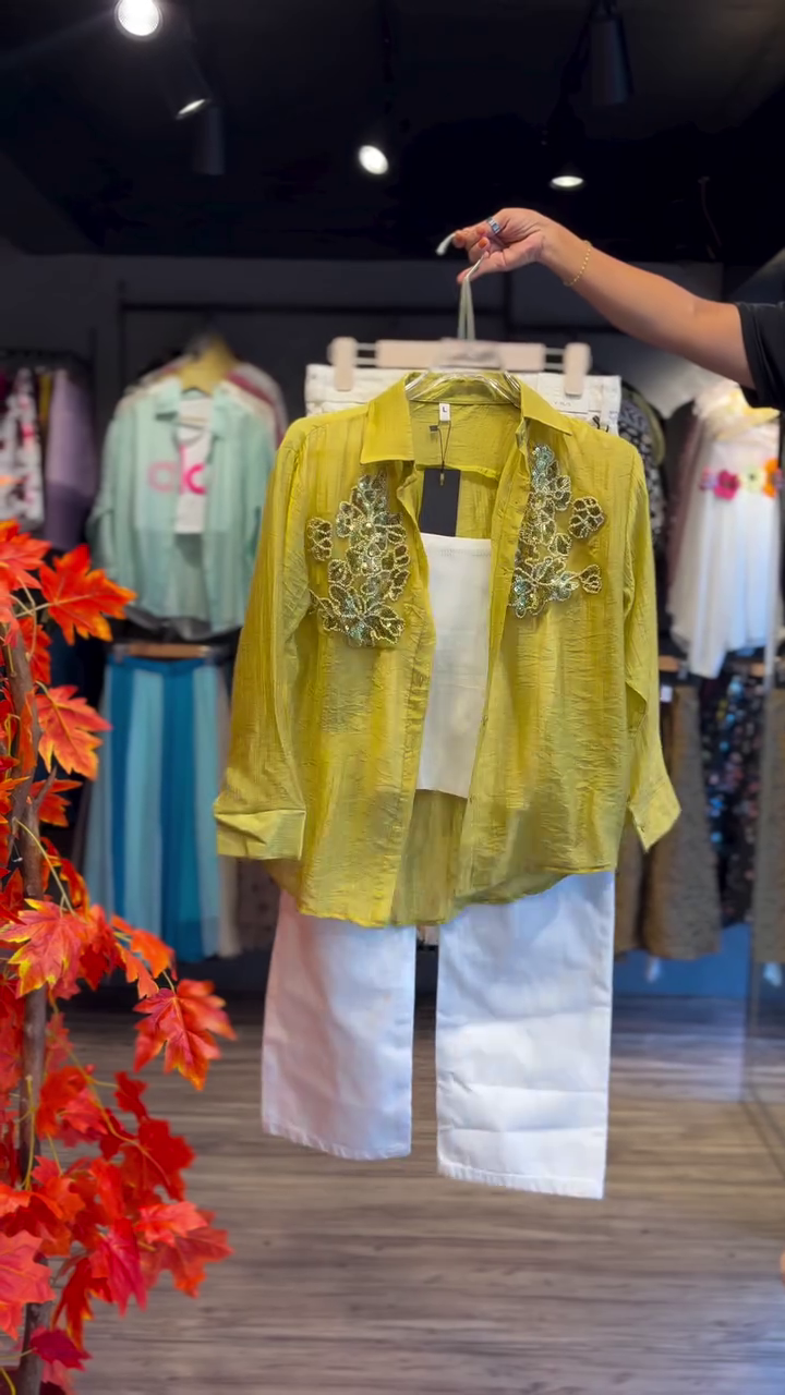 Sunlit Sheer Shirt with Embroidered Blooms & White Wide-Leg Pants