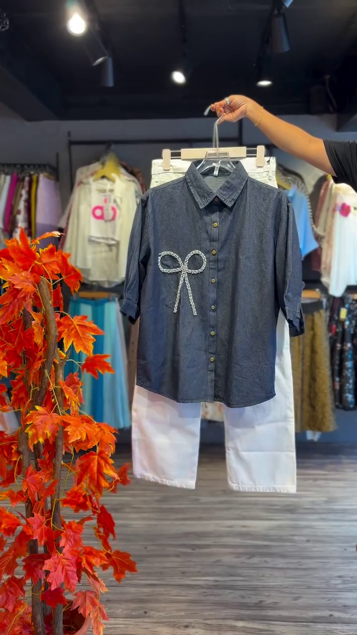 Denim Bow Shirt with White Pants