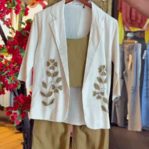 Olive Bloom Blazer Set with Embroidered Accents