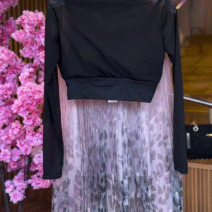 Sheer Sleeve Crop Top in Black & Abstract Pleated Skirt