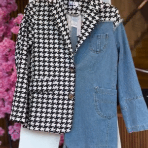 Hybrid Contrast Jacket in Houndstooth & Denim with White Pants