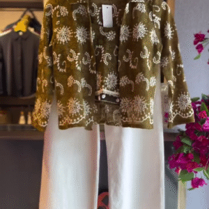 Embroidered Paisley Top in Olive & Wide-Leg Pants in White