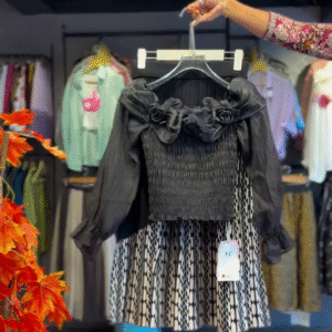 Ruched Floral Top in Noir & YC Geometric Skirt in Monochrome