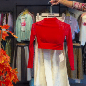 Ruched Glitter Top in Crimson & Pleated Skirt in Cream