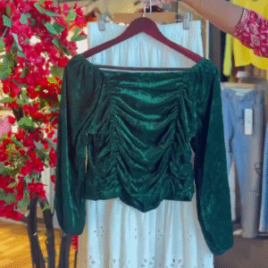 Ruched Velvet Top in Forest & Eyelet Skirt in White