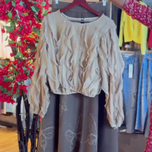Ruffled Blouse in Beige & Butterfly Skirt in Coco