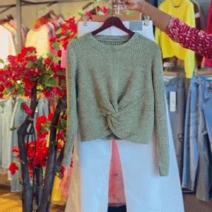 Knotted Sweater in Moss & Wide-Leg Pants in White
