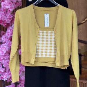 Mustard Checkered Twinset & Frayed Hem Skirt in Black