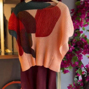 Pleated Abstract Top in Ember Mix & Burgundy Bottom