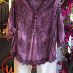 Embroidered Blouse in Orchid & White Shorts