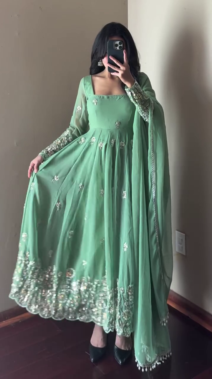 Pastel Mint Green Heavy Embroidered Anarkali Suit with Dupatta – Premium Festive Edition