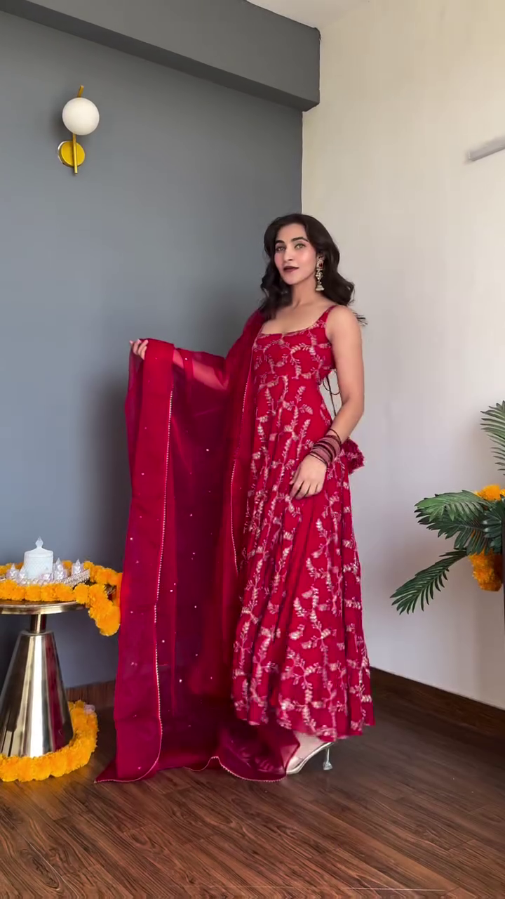 Crimson Red Thread-Embroidered Anarkali Suit with Matching Dupatta – Festive Celebration Edition
