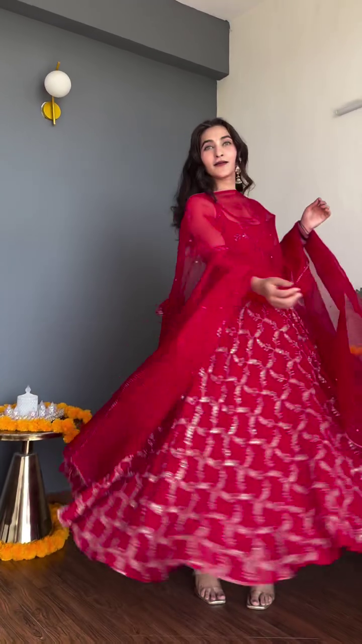 Crimson Red Thread-Embroidered Anarkali Suit with Matching Dupatta – Festive Celebration Edition - Image 2