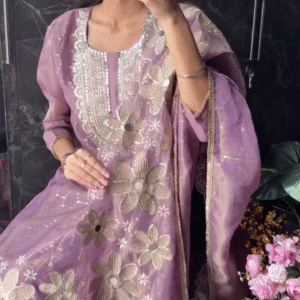 Dusty Lavender Floral-Handworked Kurta Set with Heavy Embellished Dupatta – Elegant Festive Wear
