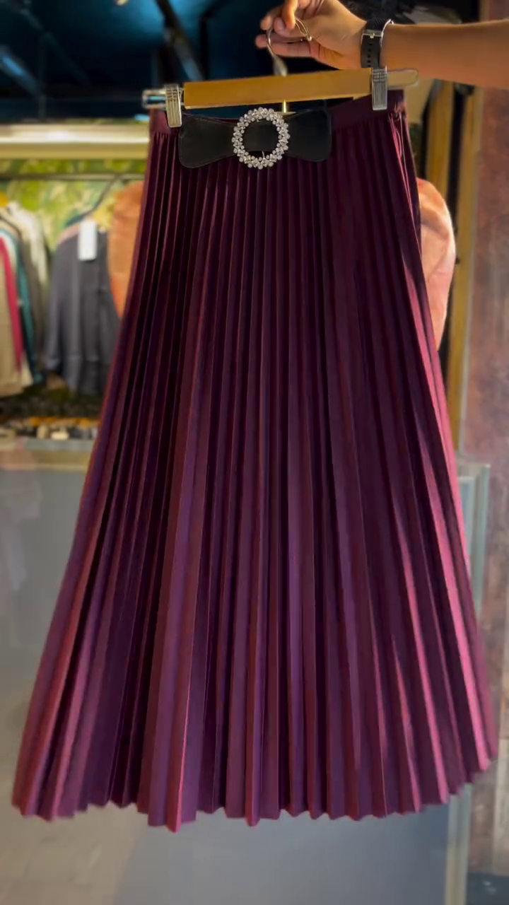 Wine Purple Pleated Midi Skirt with Statement Crystal Belt – Chic Western Wear Edition - Image 2