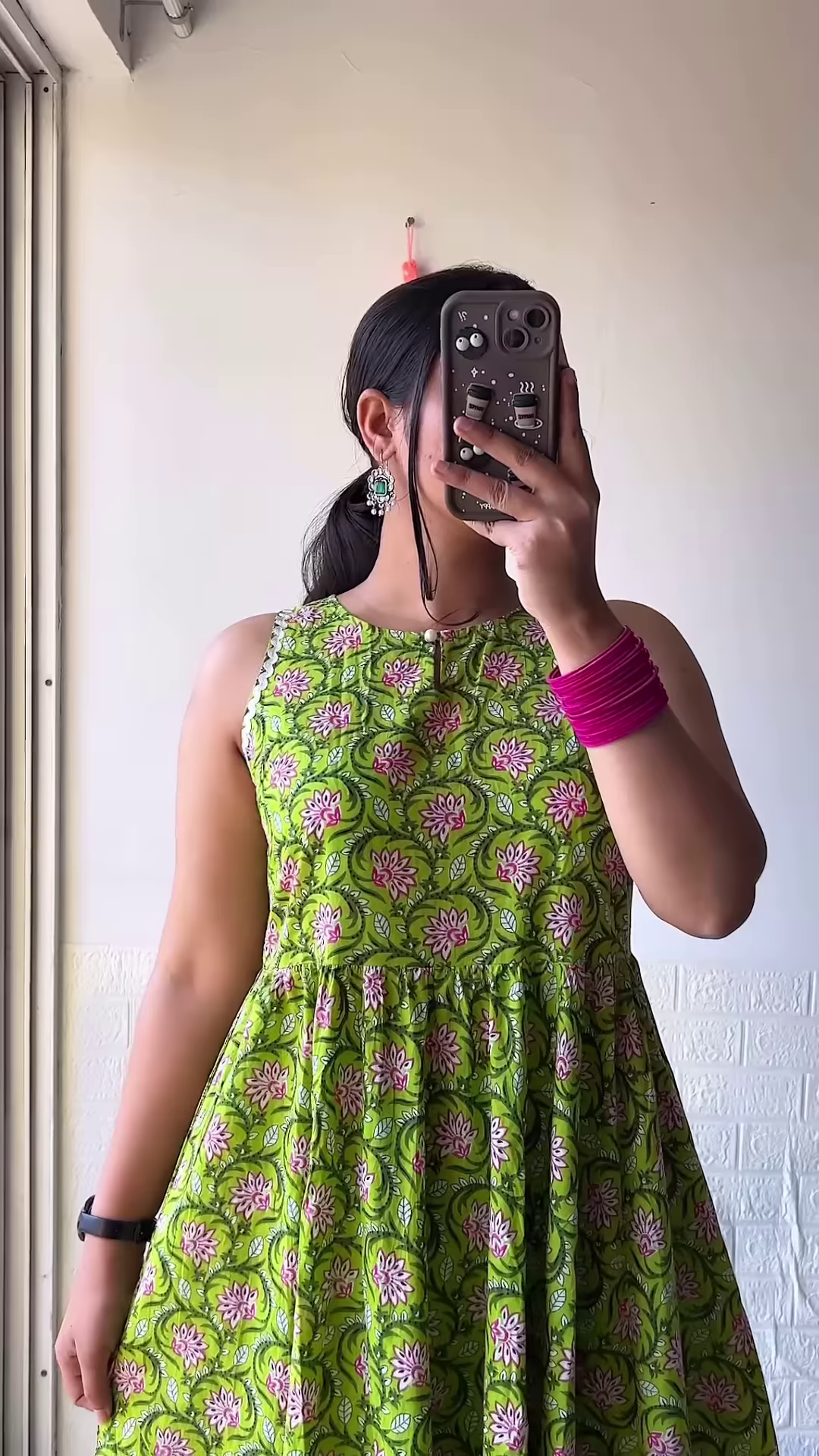 Lime Green Floral Printed A-Line Kurti with Ruffled Hem – Everyday Ethnic Comfort Wear - Image 2