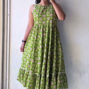 Lime Green Floral Printed A-Line Kurti with Ruffled Hem – Everyday Ethnic Comfort Wear