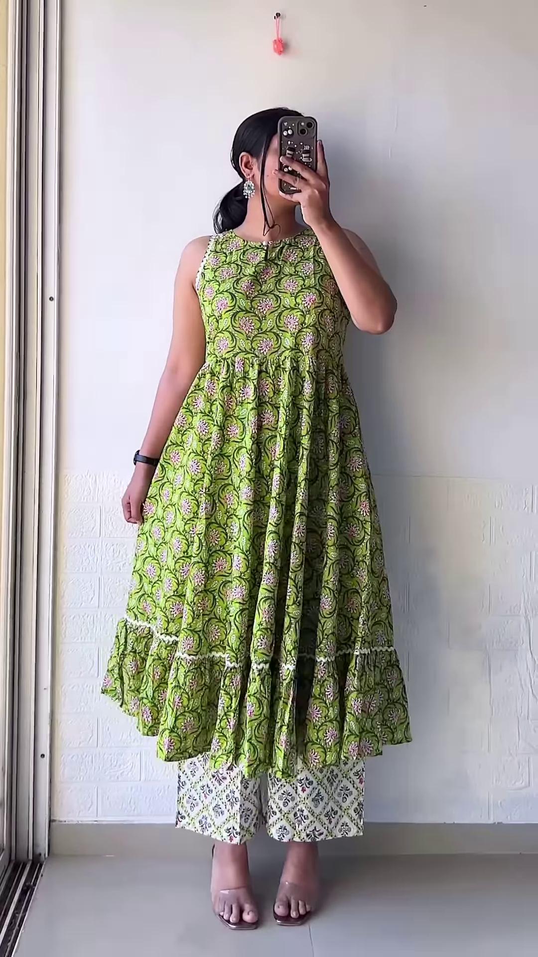 Lime Green Floral Printed A-Line Kurti with Ruffled Hem – Everyday Ethnic Comfort Wear