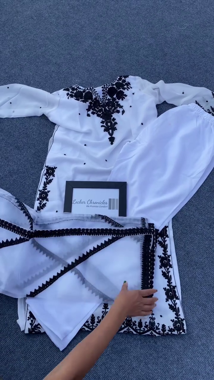 Elegant White & Black Contrast Embroidered Salwar Suit with Dupatta – Classic Ethnic Edition - Image 2