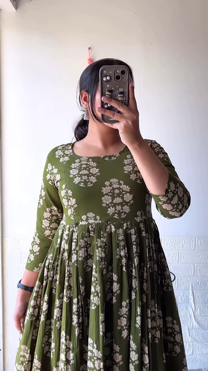 Olive Green Floral Print Anarkali-Style Maxi Dress – Casual Ethnic Comfort Edition - Image 2