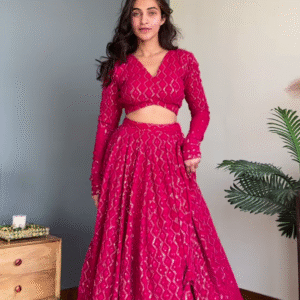 Rani Pink Sequin-Embellished Georgette Lehenga Set with Long-Sleeve Blouse – Premium Festive Collection