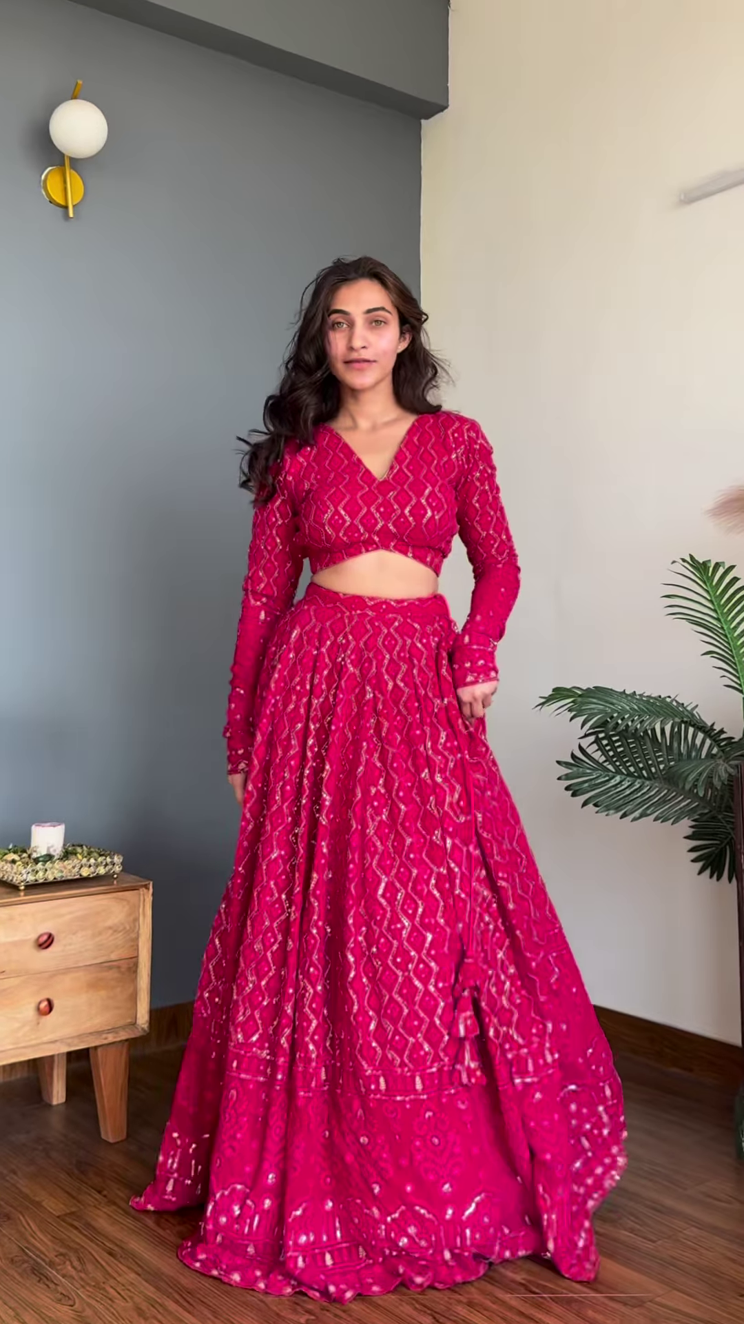 Rani Pink Sequin-Embellished Georgette Lehenga Set with Long-Sleeve Blouse – Premium Festive Collection