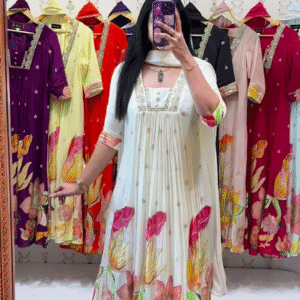 Black Floral Elegance Anarkali Kurta with Mirror-Work Neckline – Premium Festive & Casual Fusion Collection