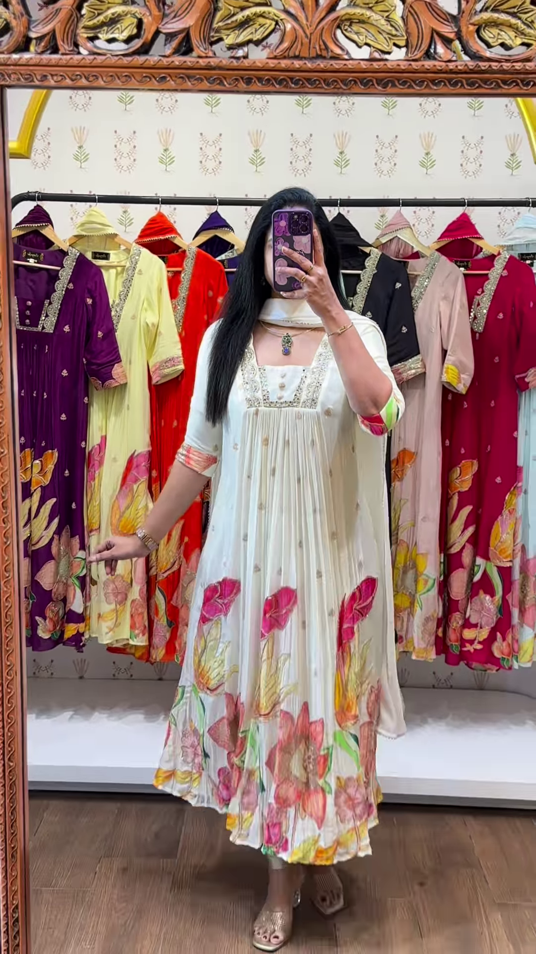 Black Floral Elegance Anarkali Kurta with Mirror-Work Neckline – Premium Festive & Casual Fusion Collection