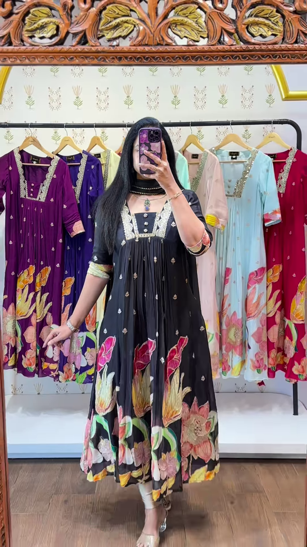 Black Floral Elegance Anarkali Kurta with Mirror-Work Neckline – Premium Festive & Casual Fusion Collection - Image 2