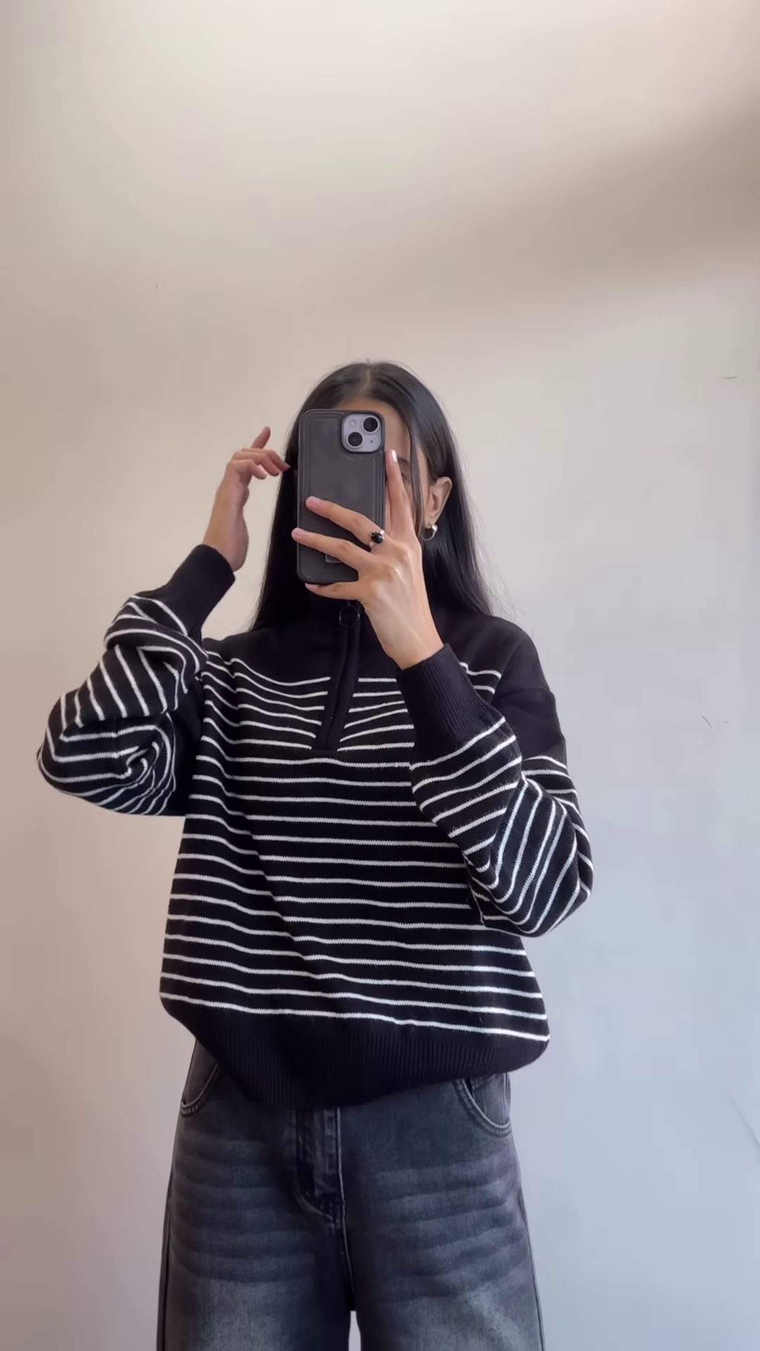 Black & White Striped High-Neck Winter Sweatshirt with Half-Zip – Casual Cozy Streetwear for Everyday Comfort - Image 2