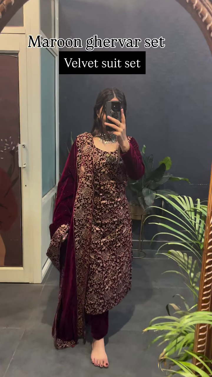 Maroon Heavy Embroidered Velvet Ghervar Suit Set – Royal Winter Festive Wear