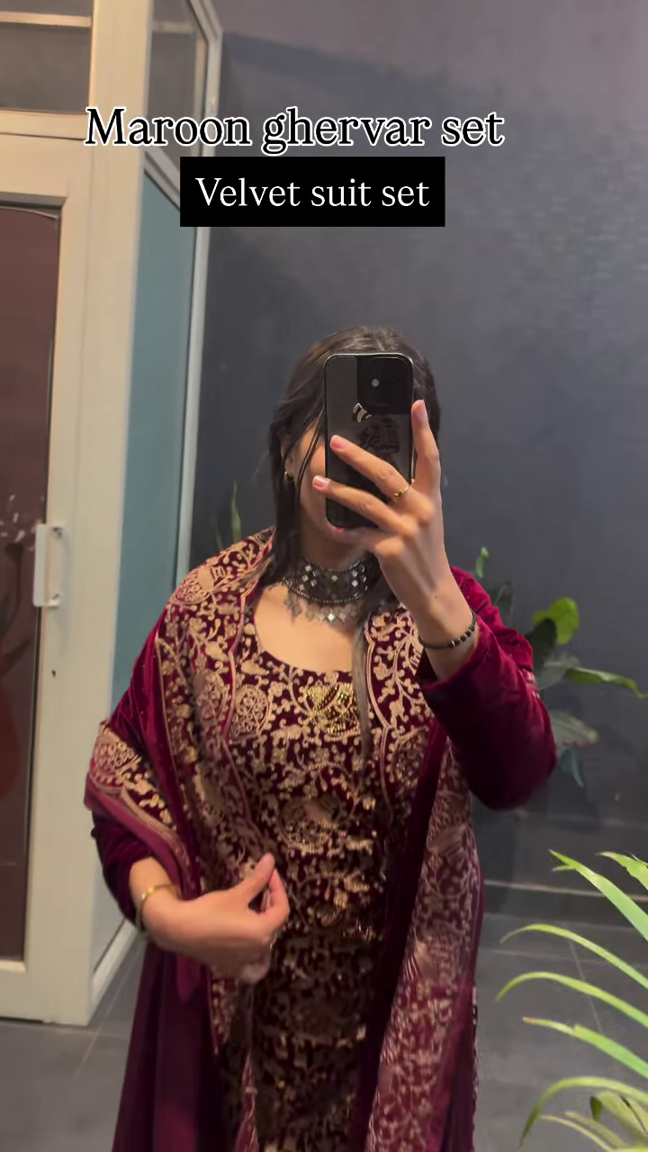 Maroon Heavy Embroidered Velvet Ghervar Suit Set – Royal Winter Festive Wear - Image 2