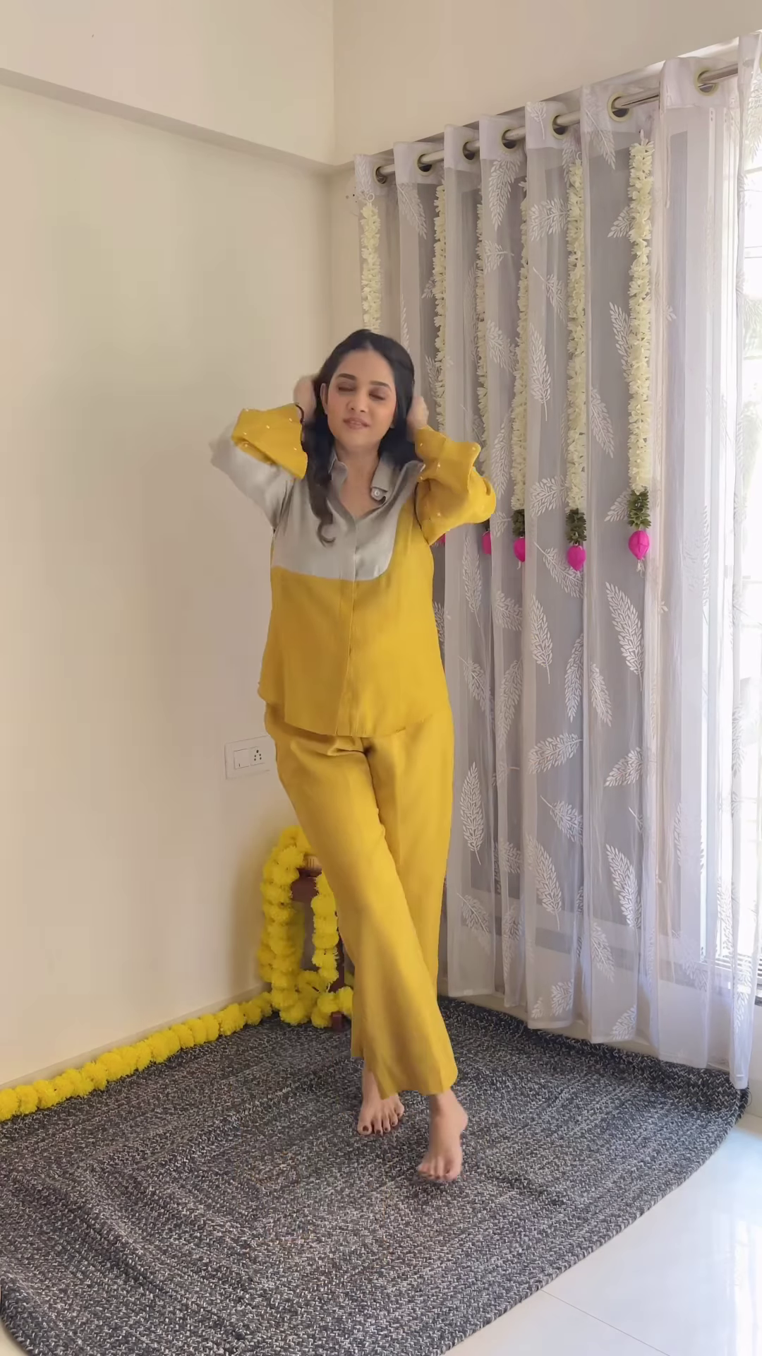 Two-Tone Mustard & Beige Co-Ord Set – Premium Satin Comfort Wear