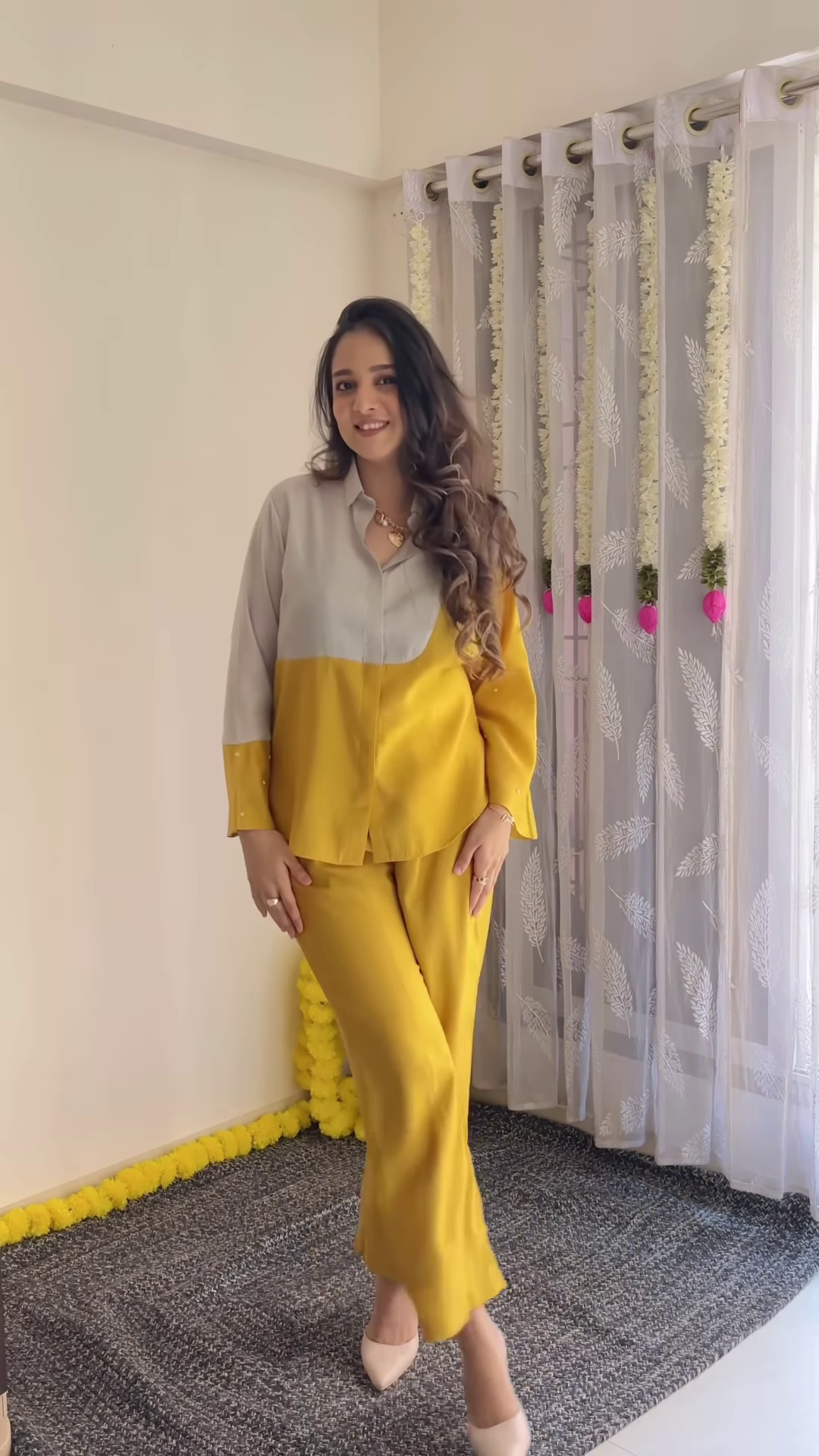 Two-Tone Mustard & Beige Co-Ord Set – Premium Satin Comfort Wear - Image 2